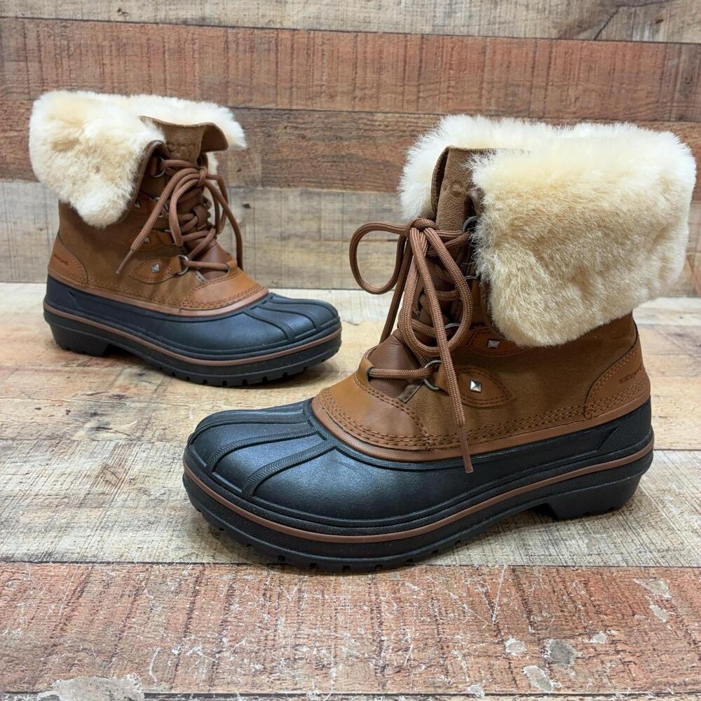 Crocs Boots Womens Size 7 37.5 Brown Leather Faux Fur Mid Calf Winter 203431